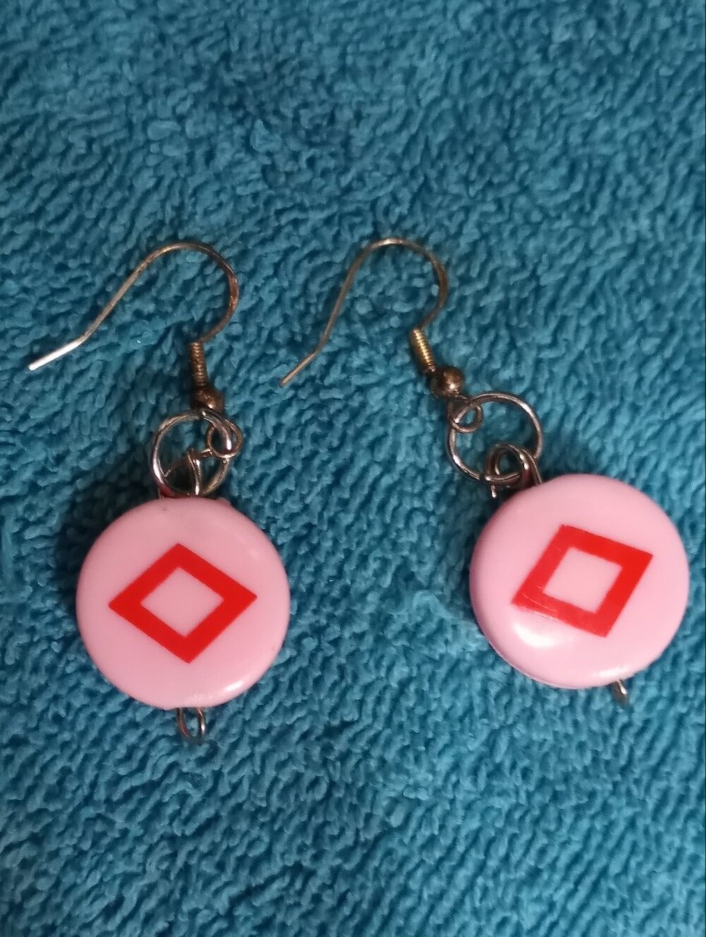 Pink Button Drop Dangle Earrings with Red Diamond Motif